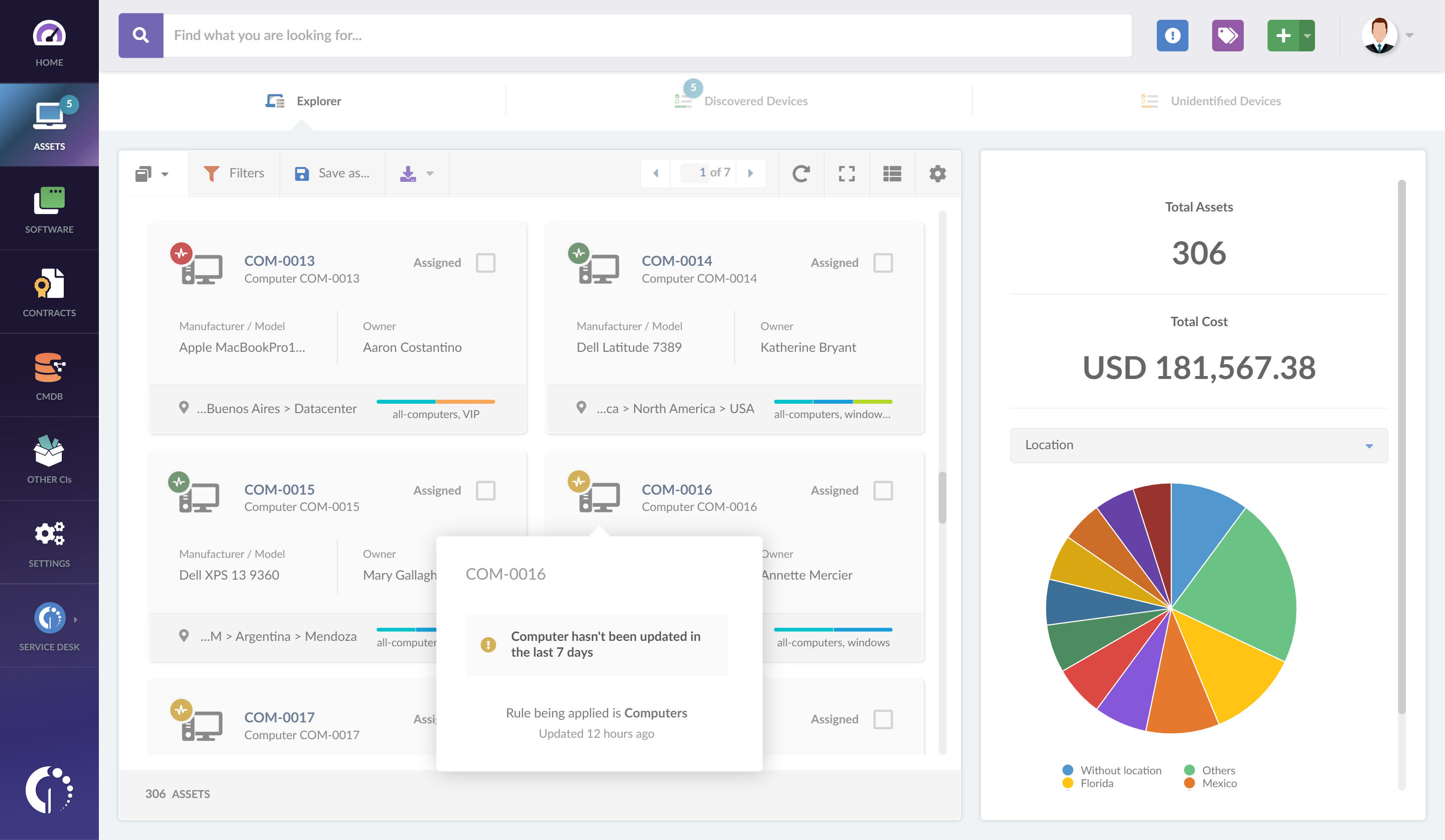 InvGate Asset Management asset's card view with asset health rules applied.